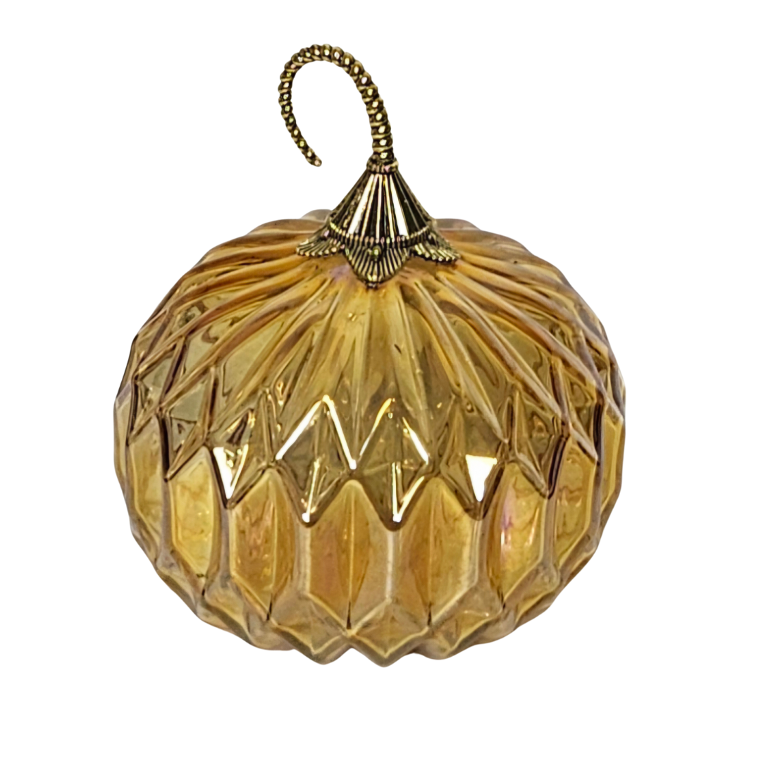 Autumn Elegance: Martha Stewart Textured Iridescent Orange Glass Pumpkin – Premium Autumn Centerpiece with Gold Hardware | Fall Deco – Halloween _ Thanksgiving Decor - AllureAbode Décor 