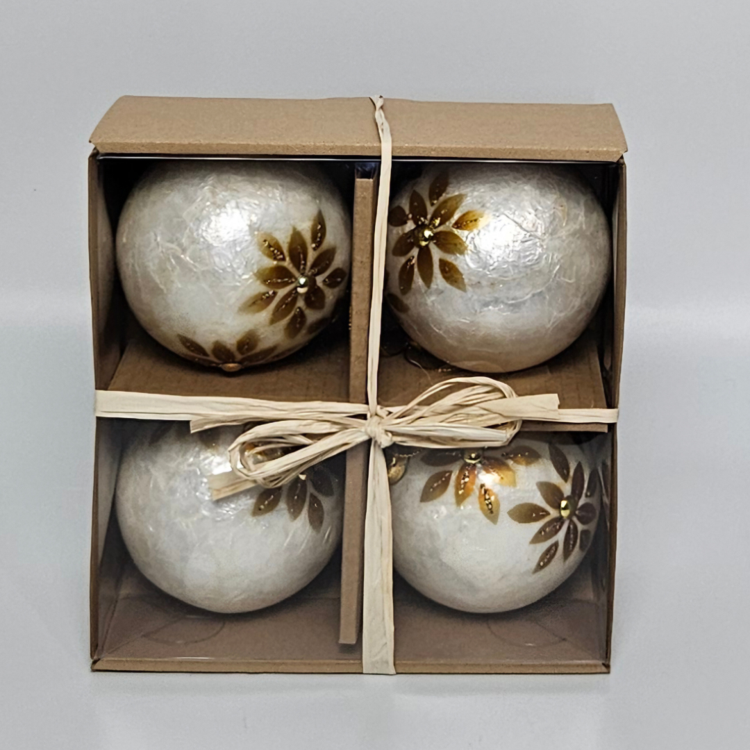 Elegant Christmas Ornaments Set of 4 – Ivory Pearl with Bronze Daisy Design Festive Holiday Decorations - AllureAbode Décor 