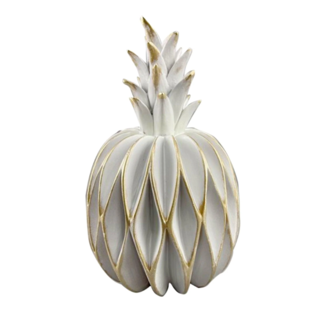White Ceramic Pineapple with Gold Trim | 9"H, 16.5" Diameter Decorative Accent - AllureAbode Décor 