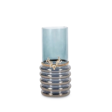 Smoky Deep Blue Iridescent Vase with Gold Deer Detail - Luxury Home Décor Statement Piece - AllureAbode Décor 