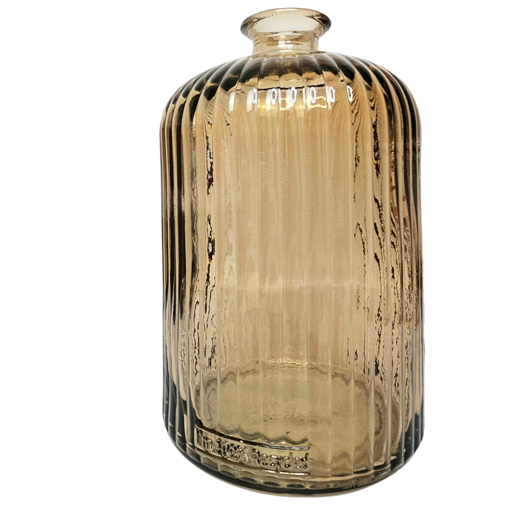 Ribbed Brown-Amber Glass Vase –  9 Inch – Light-Reflecting Statement Accent | Tall ribbed glass Vessel