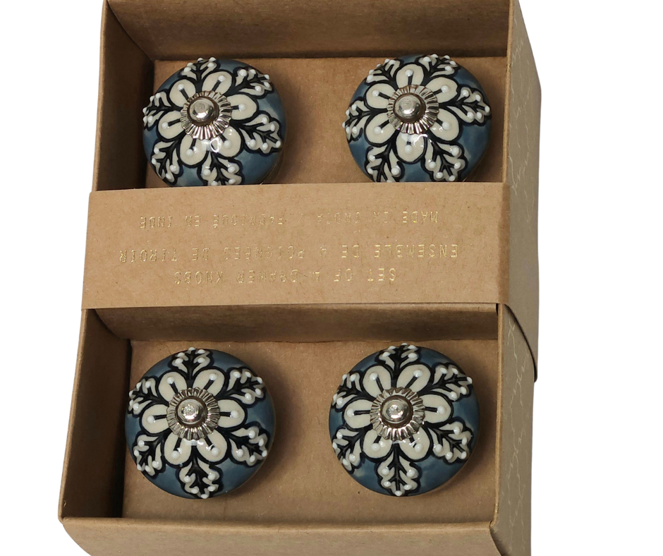 Boho Ceramic Cabinet Knobs – Blue Base with Pearl White Leaves, Set of 4 - AllureAbode Décor 