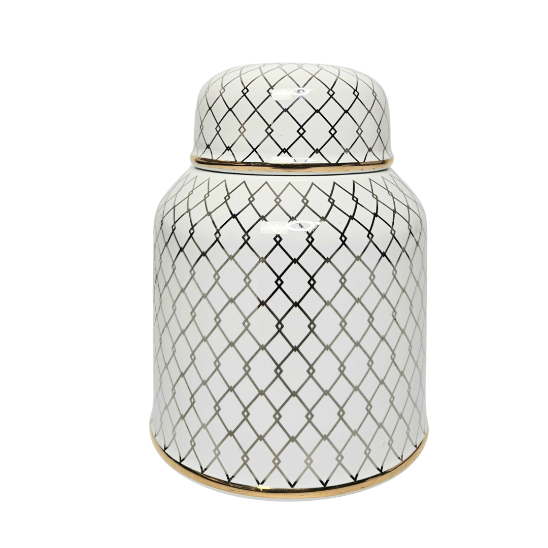 Providence Charlotte 5.5" White & Gold Checkered Ceramic Jar – Luxe Accent for Shelves, Tray Tables & Bathrooms