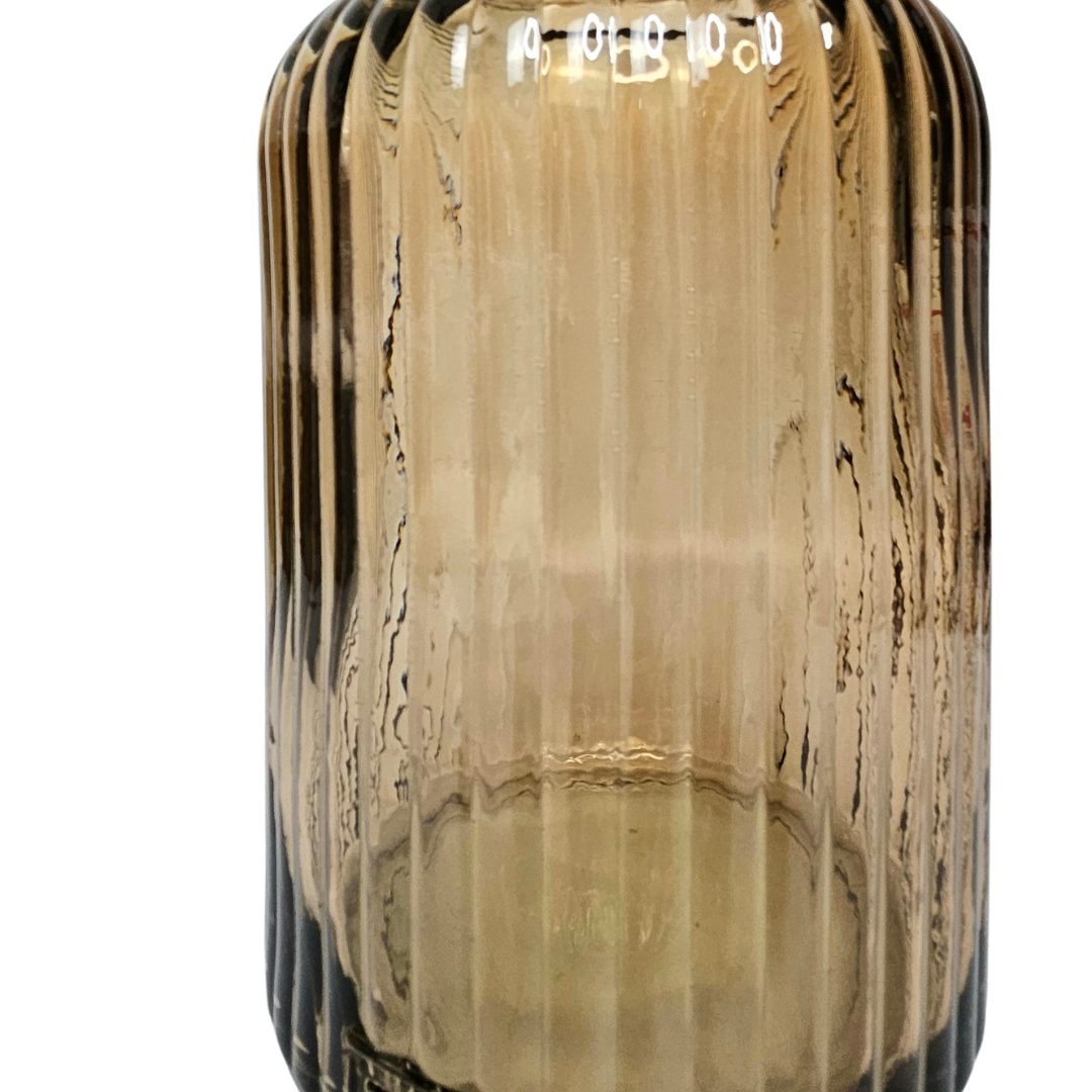 Ribbed Brown-Amber Glass Vase –  9 Inch – Light-Reflecting Statement Accent | Tall ribbed glass Vessel