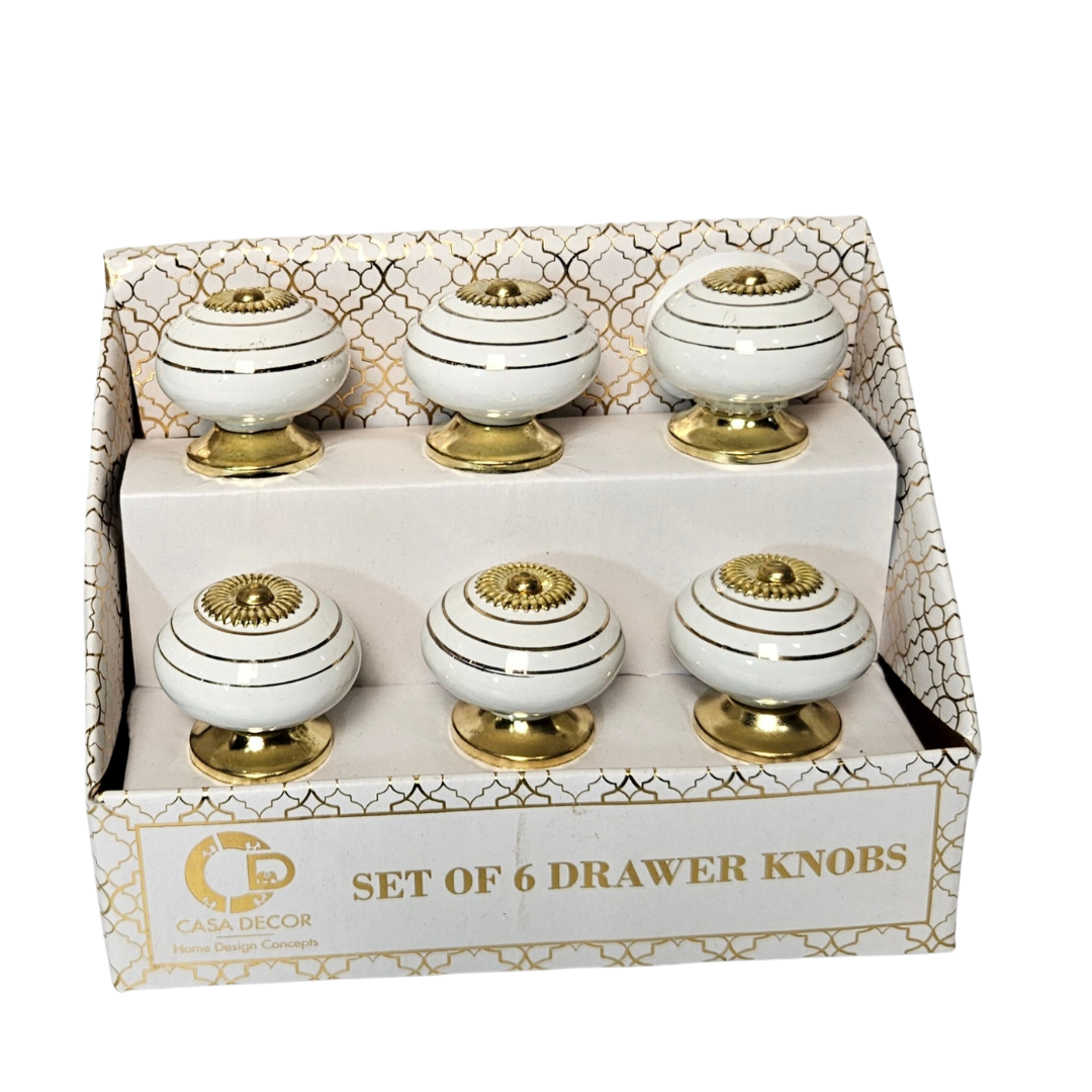 Luxury White & Gold Stripe Ceramic Knobs – Set of 6 | Elegant & Durable Cabinet Hardware - AllureAbode Décor 