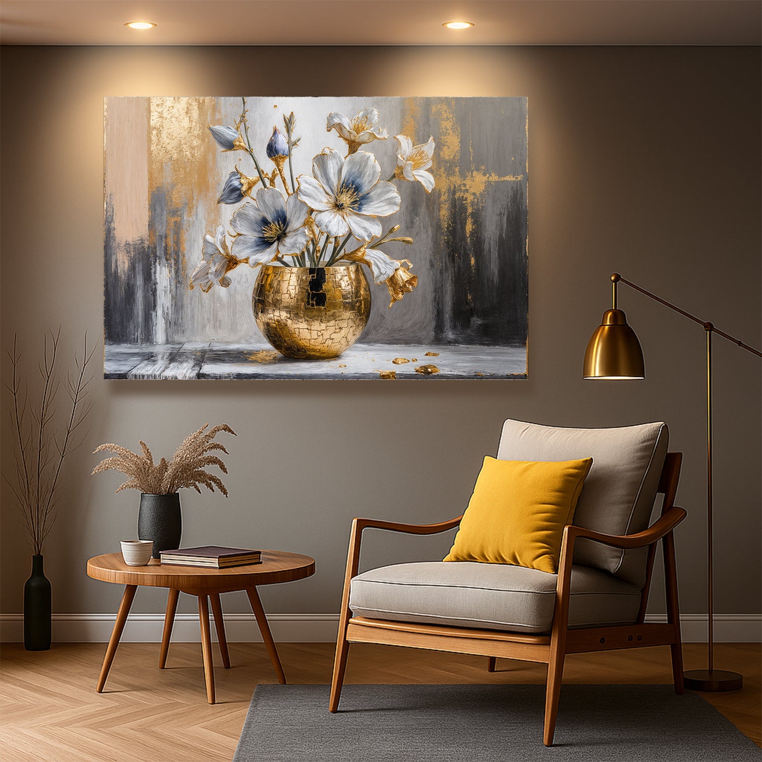 Magnolia Bloom in Gold – Abstract Luxury Floral Wall Art - AllureAbode Décor 
