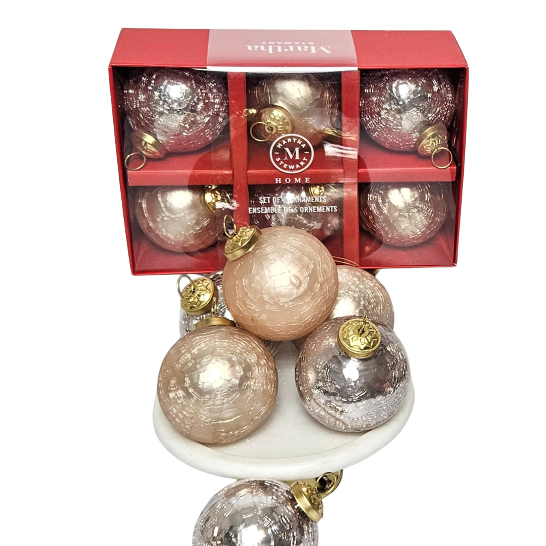 Martha Stewart Christmas Ornaments – Chrome Pink, Peach, and Silver Tone Heavy Crinkle Glass Bulbs with Antique Gold Holders (Set of 6) - AllureAbode Décor 