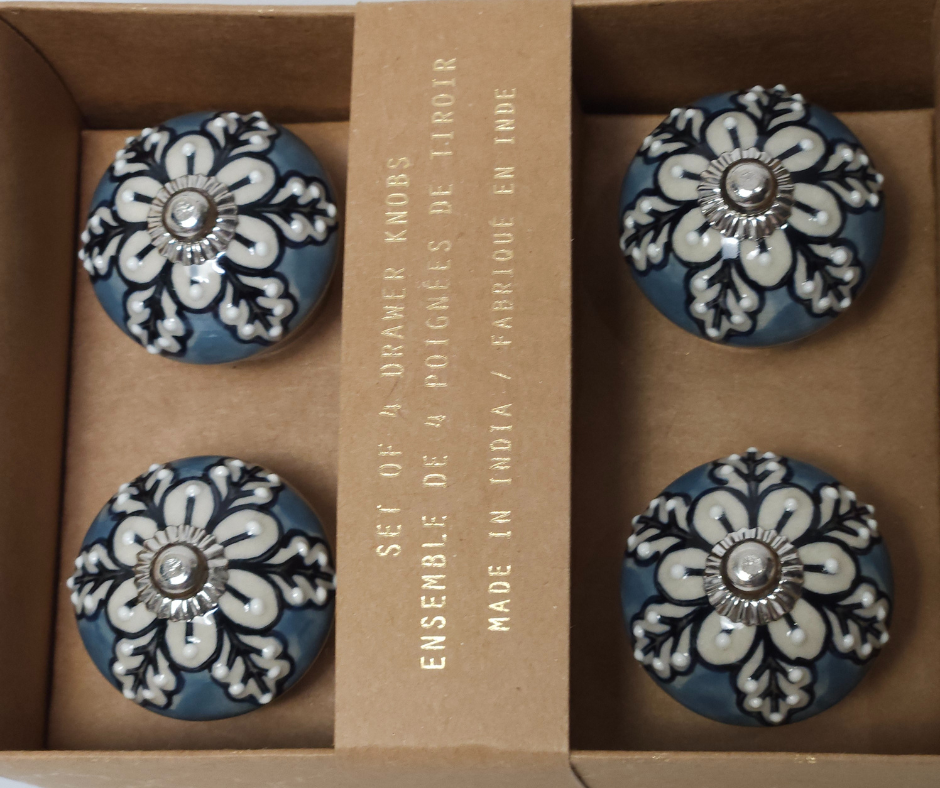 Boho Ceramic Cabinet Knobs – Blue Base with Pearl White Leaves, Set of 4 - AllureAbode Décor 