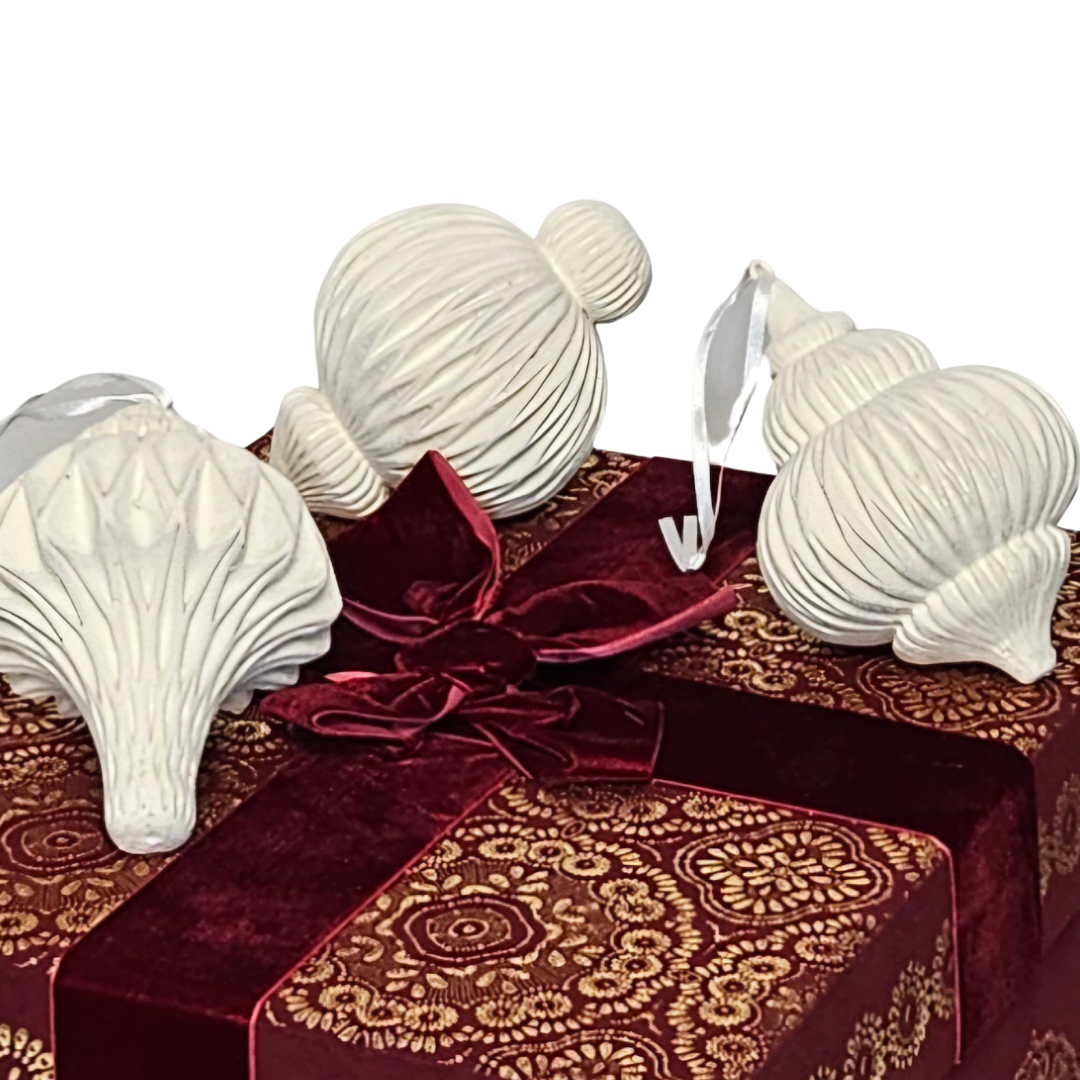 Christian Siriano Pleated Bell Christmas Ornaments – Set of 3 Velvet Overlay & Chalk Ceramic Holiday Decor - AllureAbode Décor 