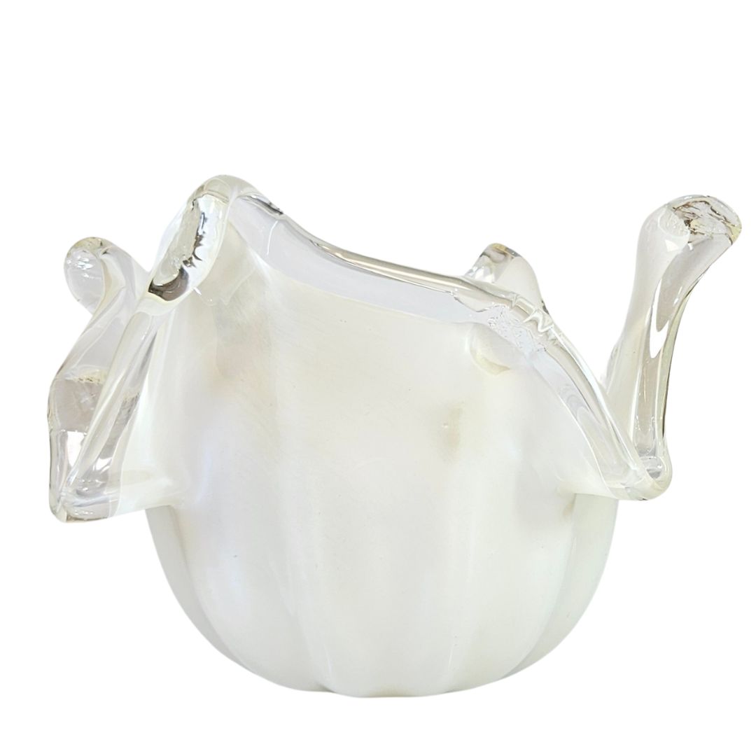 Murano Style Art Glass Bowl – White Ivory & Amber with Crest Edge, Handmade in Italy - AllureAbode Décor 