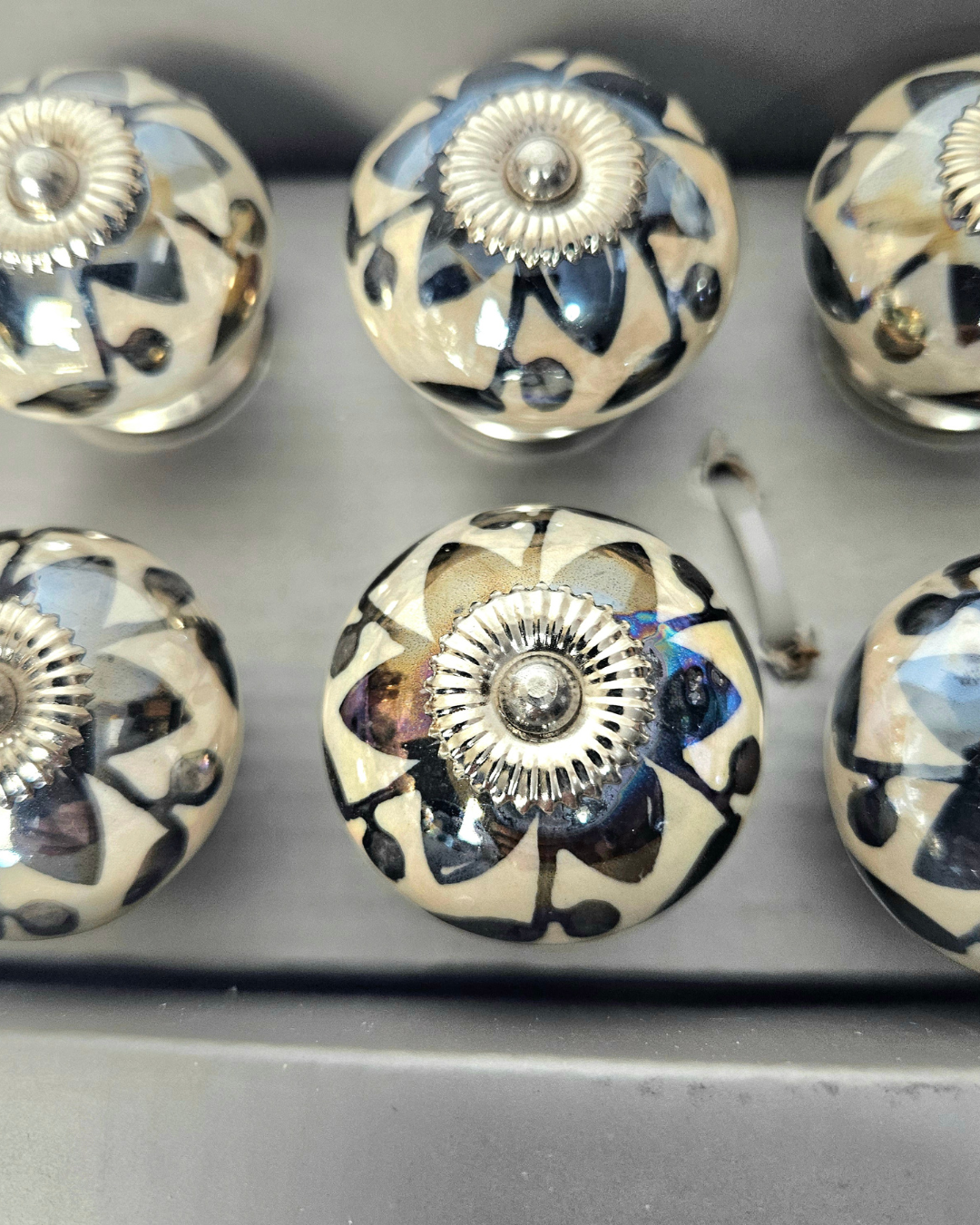 Luxury Pearl Tomato Knobs – Silver Chrome & Metallic Floral  – Set of 12 - AllureAbode Décor 