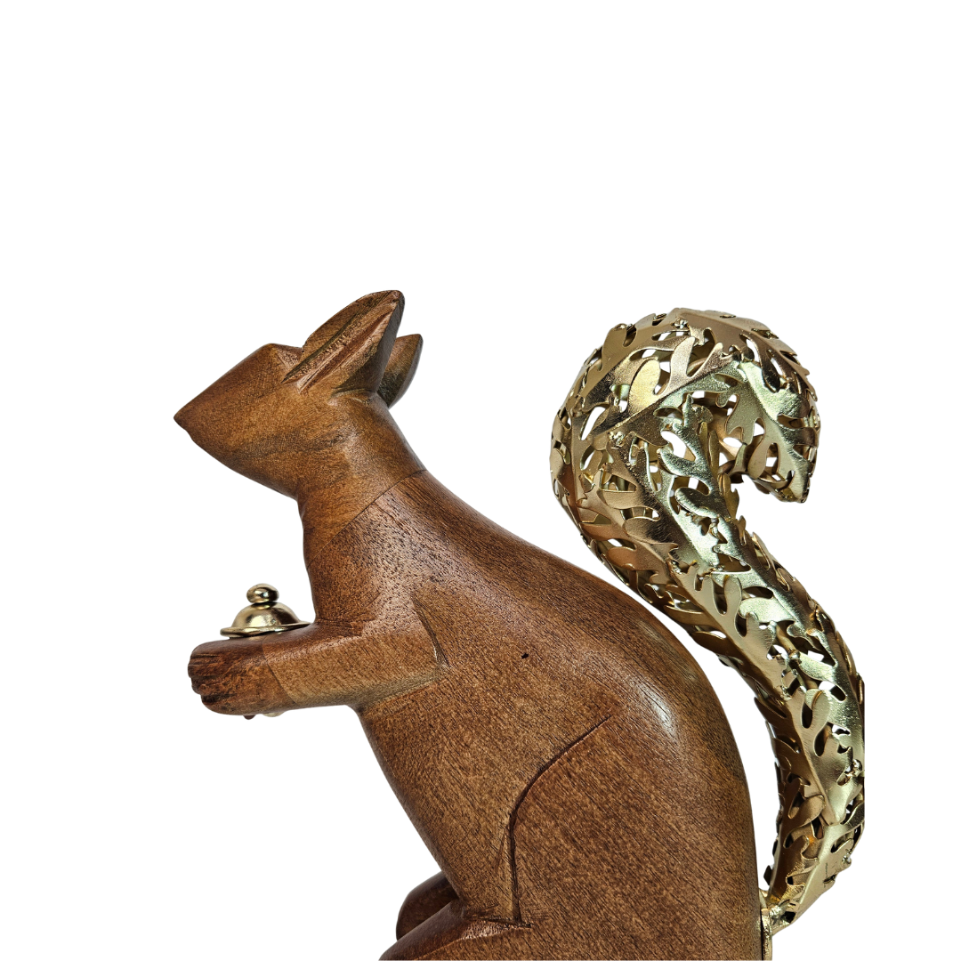 Wood & Gold Squirrel Figurine with Golden Acorn: - AllureAbode Décor 