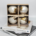 Elegant Christmas Ornaments Set of 4 – Ivory Pearl with Bronze Daisy Design Festive Holiday Decorations - AllureAbode Décor 