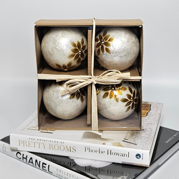 Elegant Christmas Ornaments Set of 4 – Ivory Pearl with Bronze Daisy Design Festive Holiday Decorations - AllureAbode Décor 
