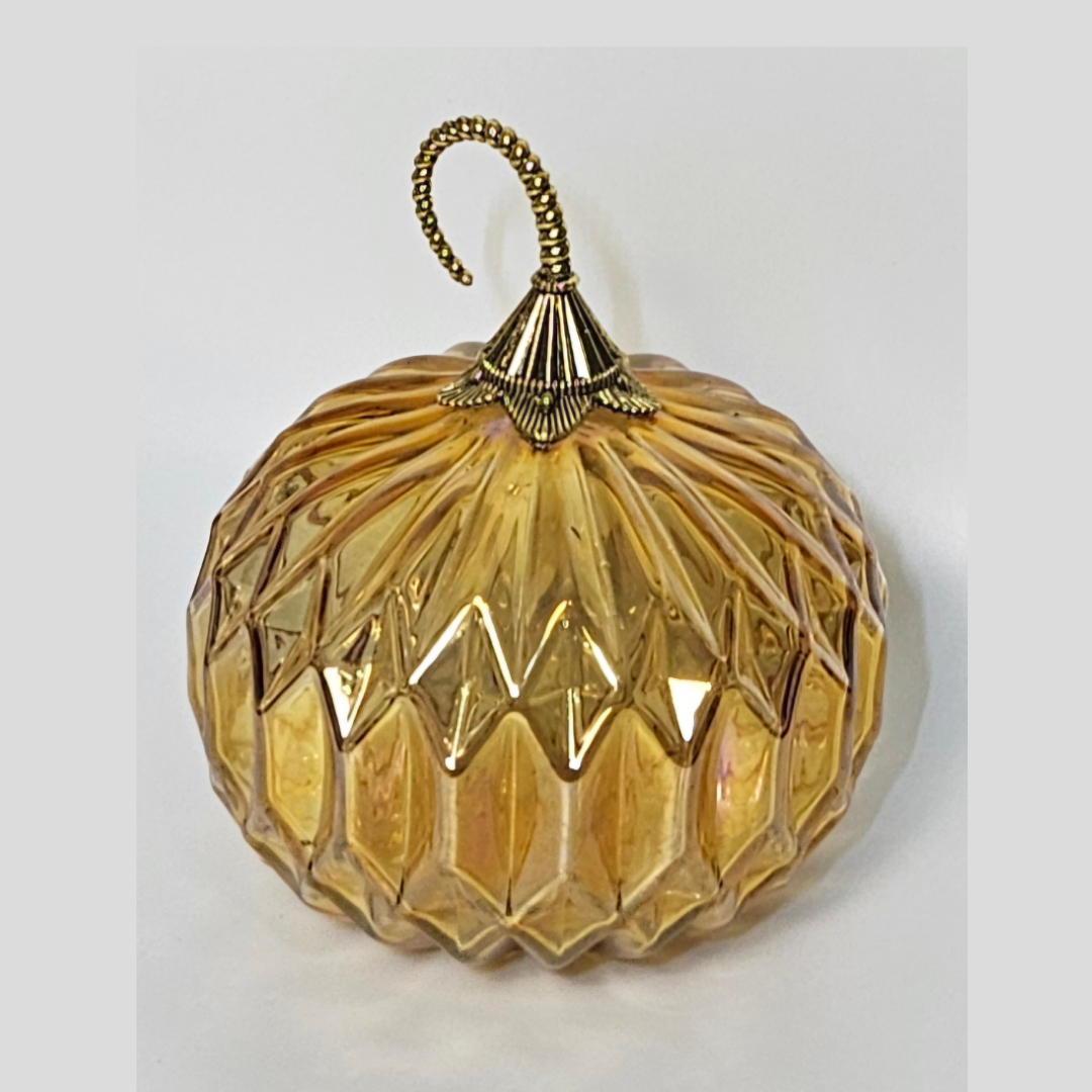 Autumn Elegance: Martha Stewart Textured Iridescent Orange Glass Pumpkin – Premium Autumn Centerpiece with Gold Hardware | Fall Deco – Halloween _ Thanksgiving Decor - AllureAbode Décor 