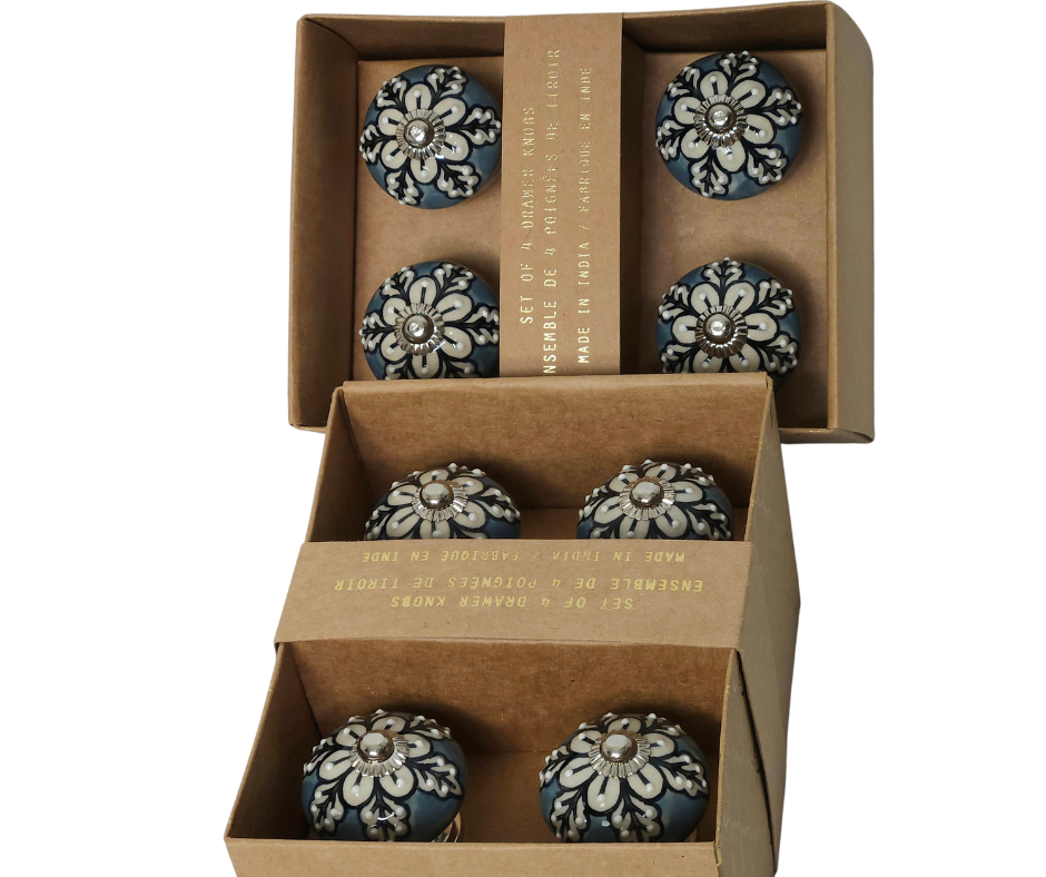 Boho Ceramic Cabinet Knobs – Blue Base with Pearl White Leaves, Set of 4 - AllureAbode Décor 