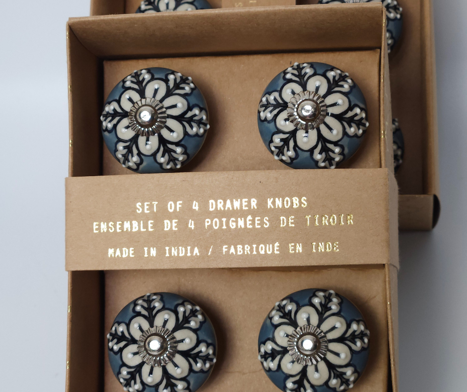 Boho Ceramic Cabinet Knobs – Blue Base with Pearl White Leaves, Set of 4 - AllureAbode Décor 