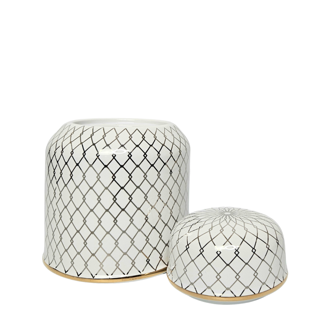 Providence Charlotte 5.5" White & Gold Checkered Ceramic Jar – Luxe Accent for Shelves, Tray Tables & Bathrooms