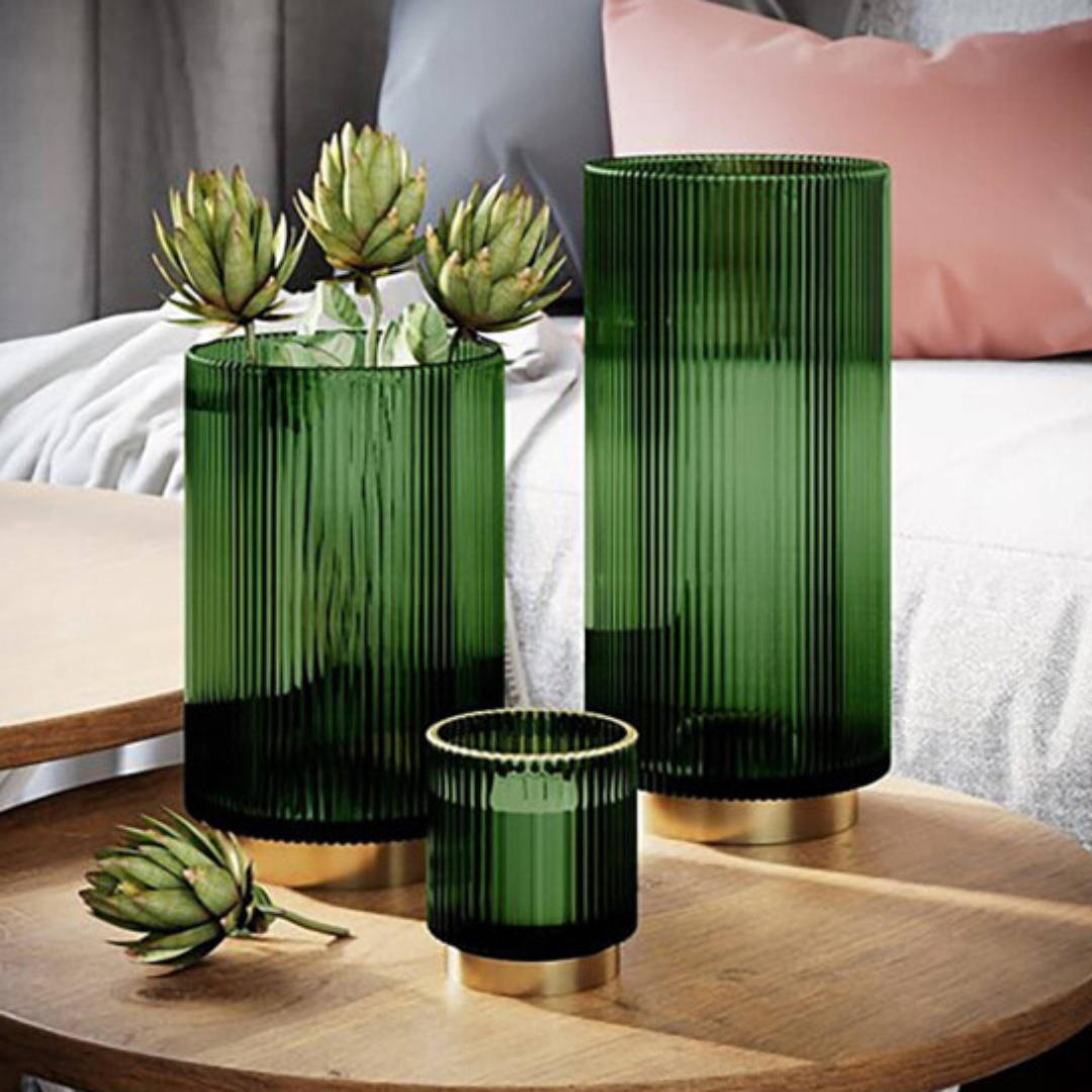 Modern Art Hunter Green Terrarium Glass Vase with Gold Pedestal Trim | Luxury Nordic Glass Vase for Hydroponics - AllureAbode Décor 