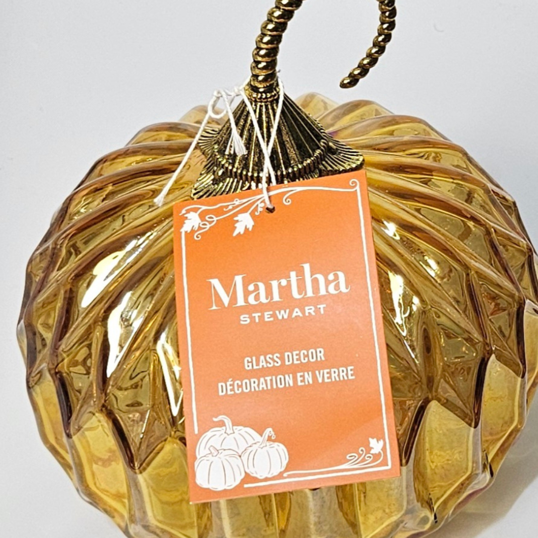 Autumn Elegance: Martha Stewart Textured Iridescent Orange Glass Pumpkin – Premium Autumn Centerpiece with Gold Hardware | Fall Deco – Halloween _ Thanksgiving Decor - AllureAbode Décor 