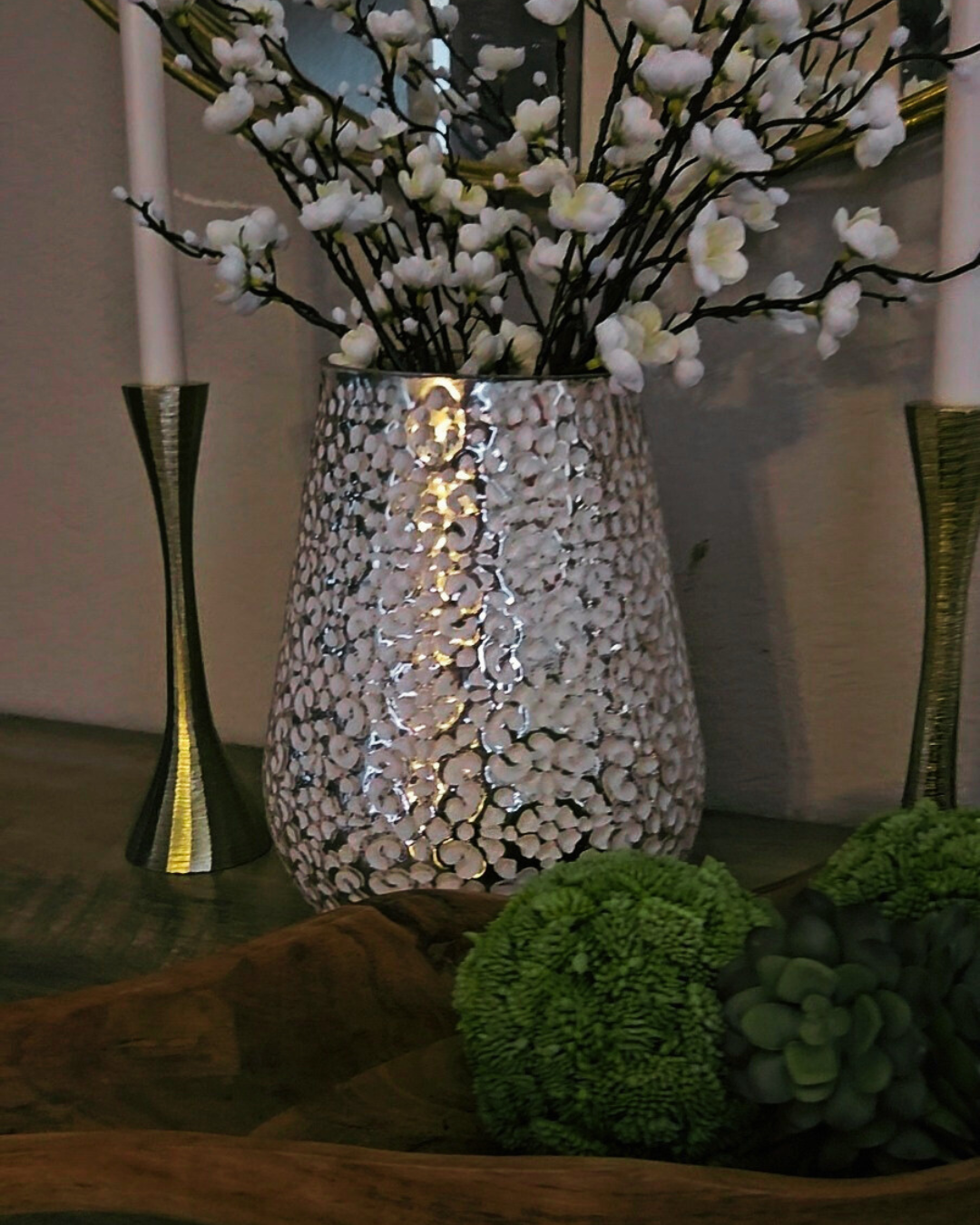 Luxury Mercury Dimpled White & Gold Glass Vase – 10.5" H, 12.25" L, 10" D – Glam Home Accent with Reflective Shine - AllureAbode Décor 
