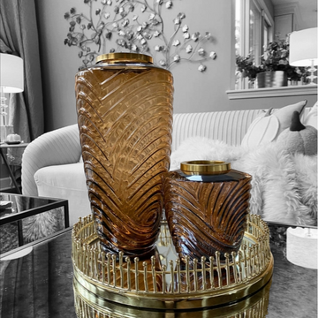 Ocean Wave Brown Amber and Gold Trim Glass Vase – Luxury Home Decor Piece - AllureAbode Décor 