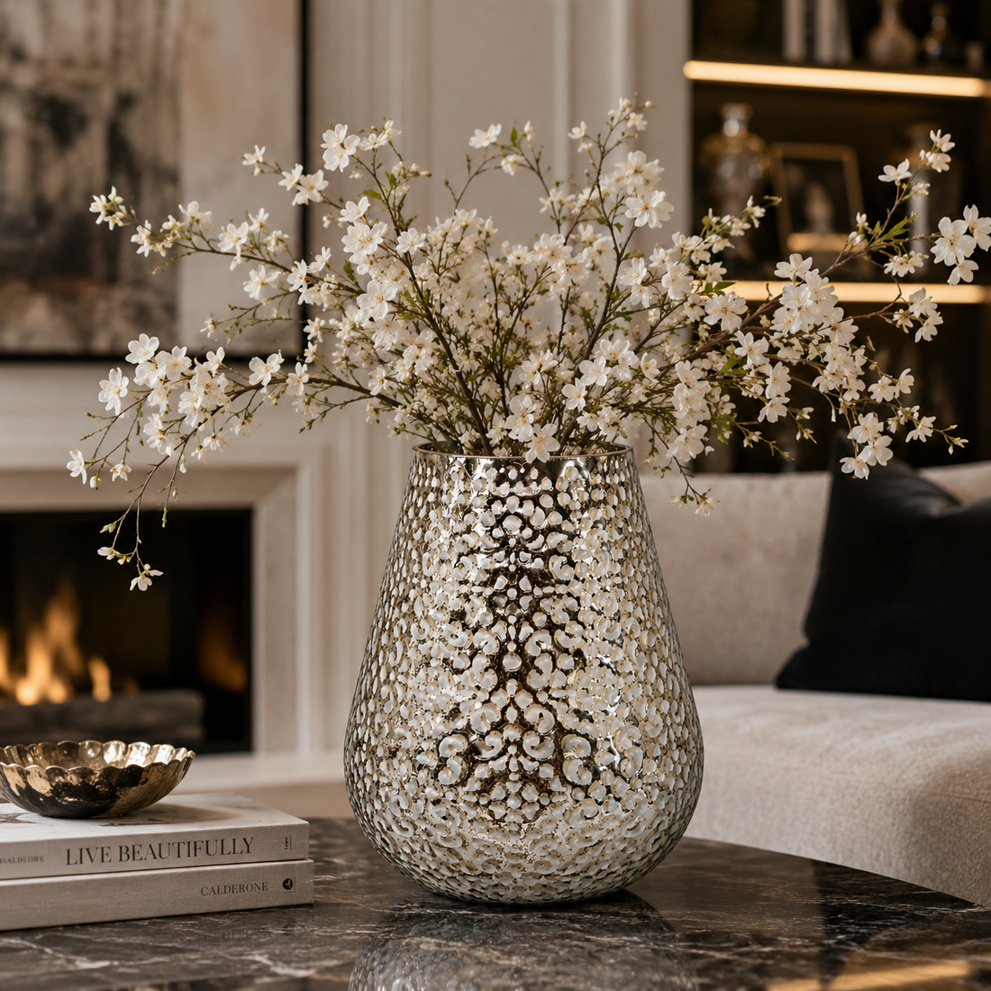 Luxury Hammered Mercury Glass Vase | White & Gold Decorative Vase | Modern Glam Home Décor Centerpiece - AllureAbode Décor 