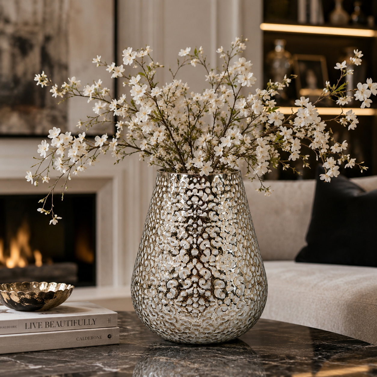Luxury Hammered Mercury Glass Vase | White & Gold Decorative Vase | Modern Glam Home Décor Centerpiece - AllureAbode Décor 