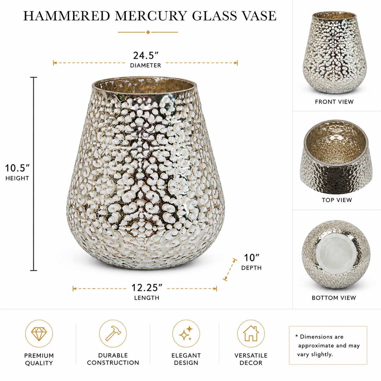 Luxury Hammered Mercury Glass Vase | White & Gold Decorative Vase | Modern Glam Home Décor Centerpiece - AllureAbode Décor 