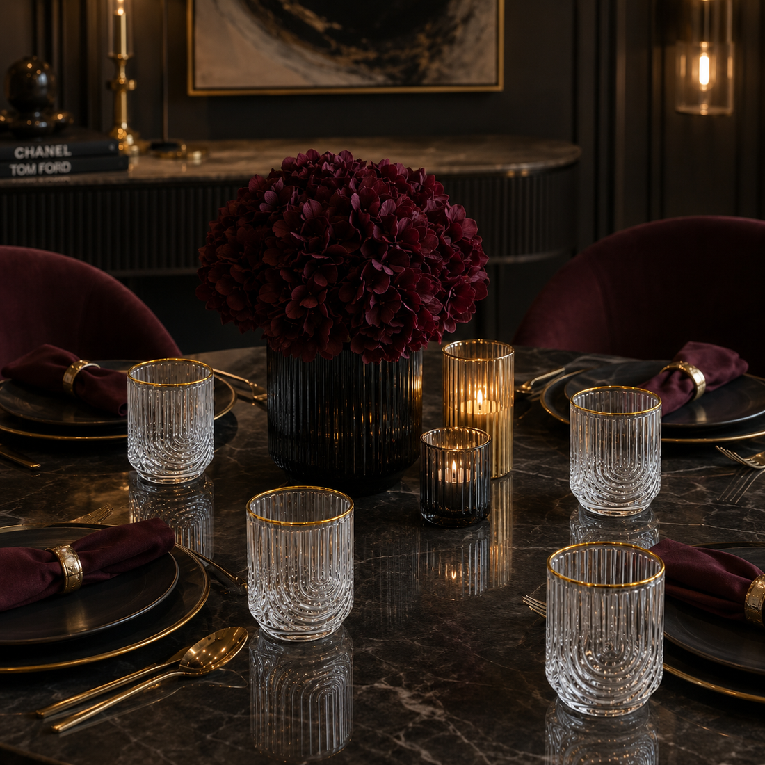 Premium Glass Ribbed Tumblers | 13oz Cocktail Glassware with Gold Accents Premium Set of 4 - AllureAbode Décor 