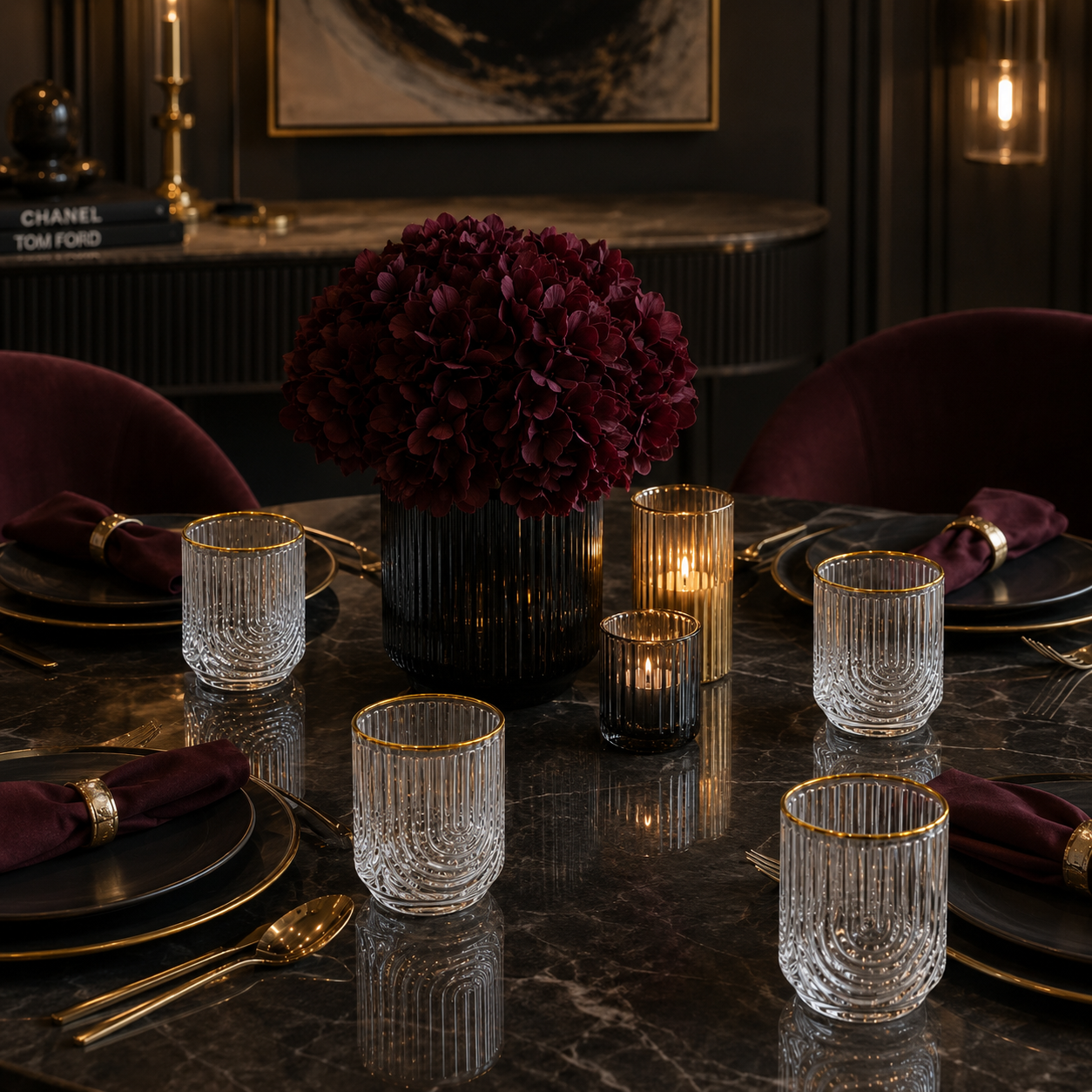 Premium Glass Ribbed Tumblers | 13oz Cocktail Glassware with Gold Accents Premium Set of 4 - AllureAbode Décor 