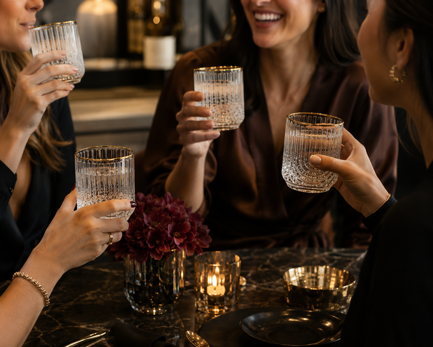 Premium Glass Ribbed Tumblers | 13oz Cocktail Glassware with Gold Accents Premium Set of 4 - AllureAbode Décor 
