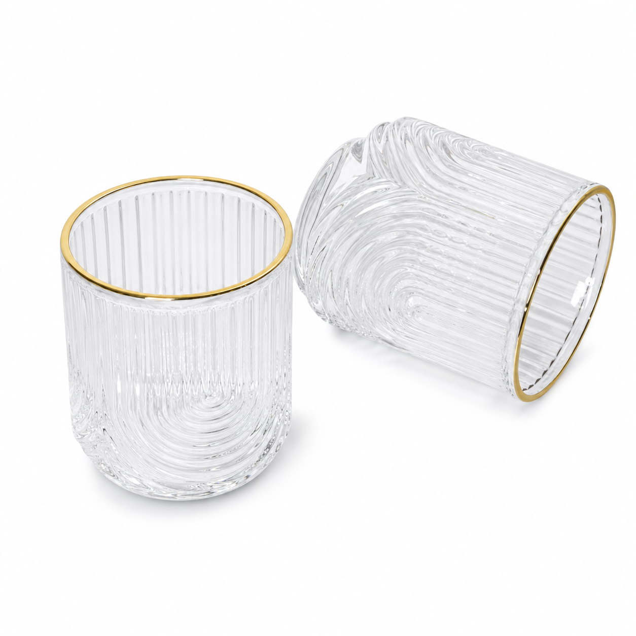 Premium Glass Ribbed Tumblers | 13oz Cocktail Glassware with Gold Accents Premium Set of 4 - AllureAbode Décor 