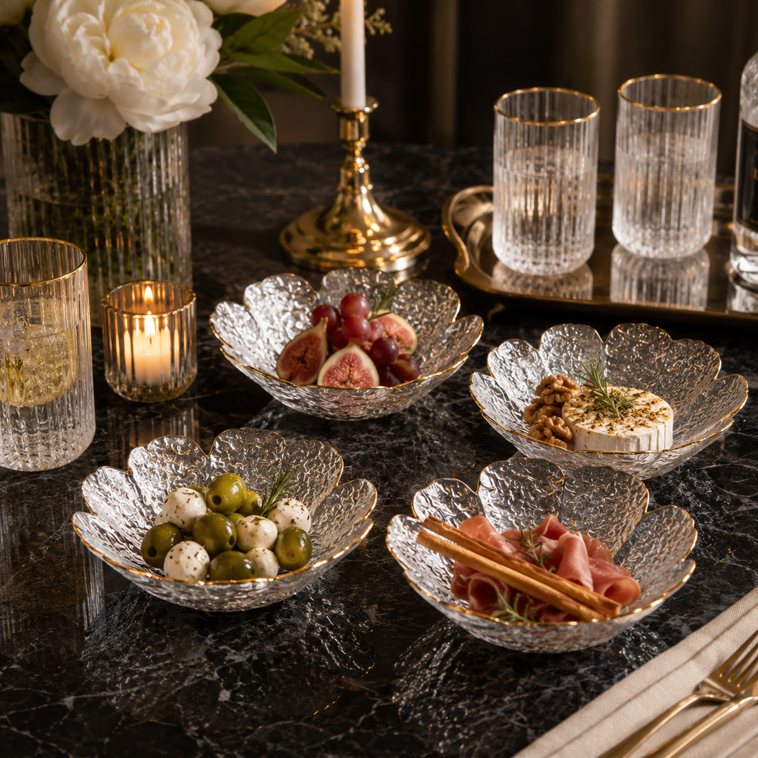 Clear Textured Flower Petal Dessert Bowl Set of 4 | Elegant Serving Bowls | Luxury Dessert Bowls - AllureAbode Décor 