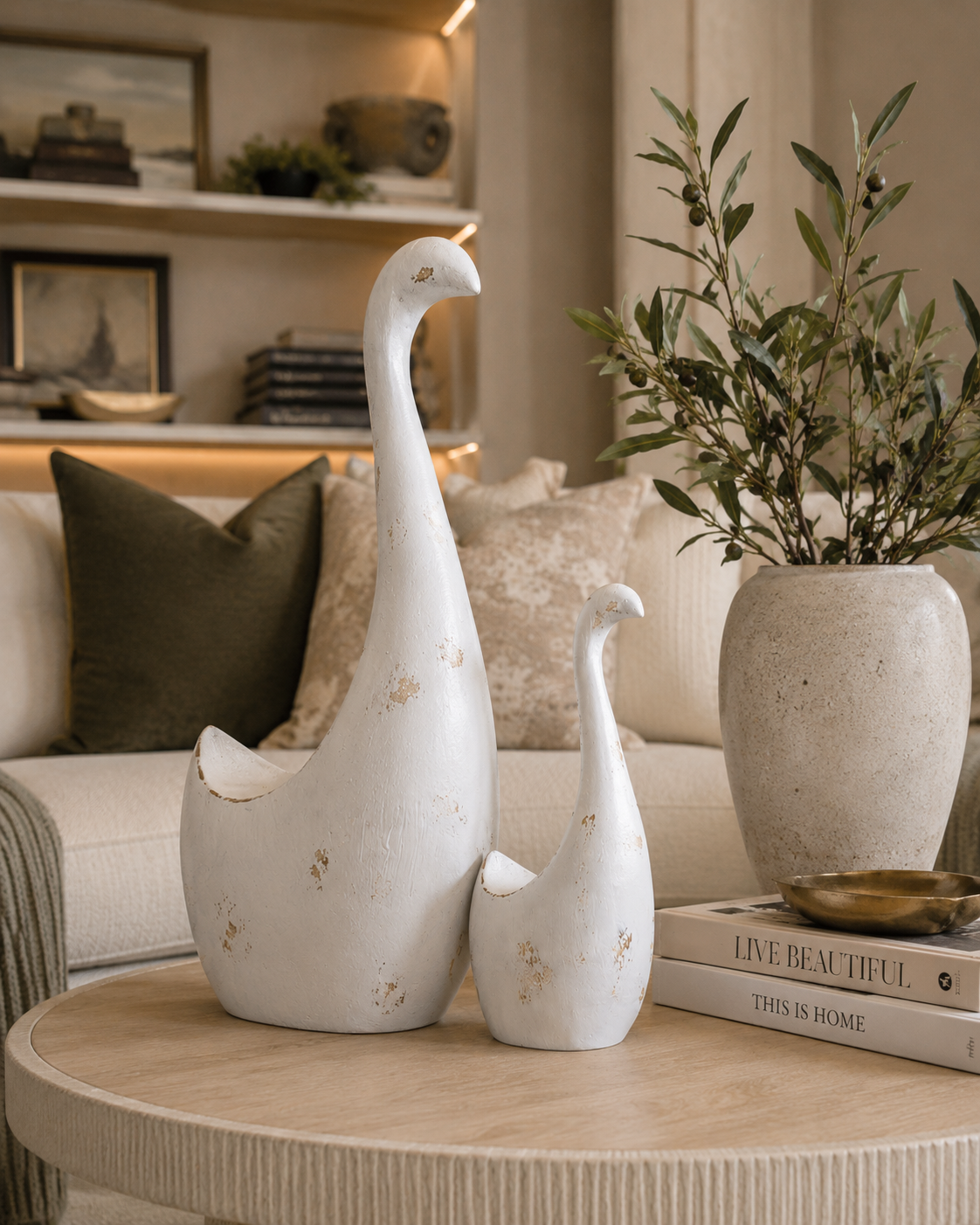 Medium White Wooden Swan – Country Chic Home Accent Figurine - AllureAbode Décor 