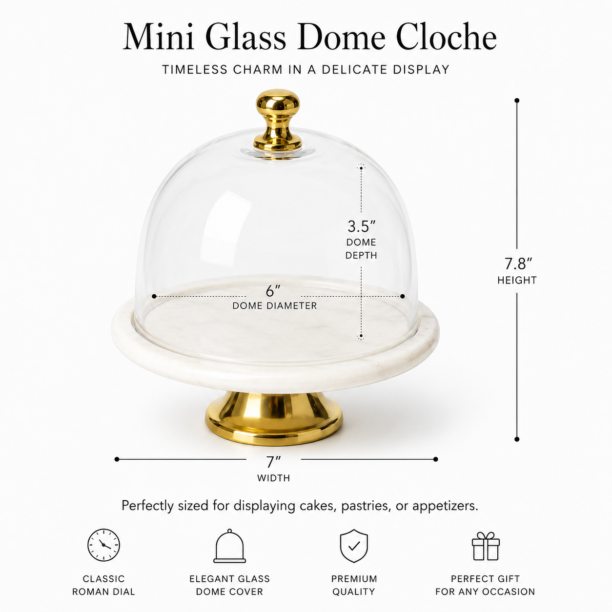 Petite Marble Cloche Cake Stand with Glass Dome & Gold Pedestal - AllureAbode Décor 