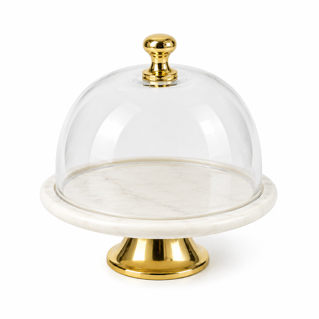 Petite Marble Cloche Cake Stand with Glass Dome & Gold Pedestal - AllureAbode Décor 