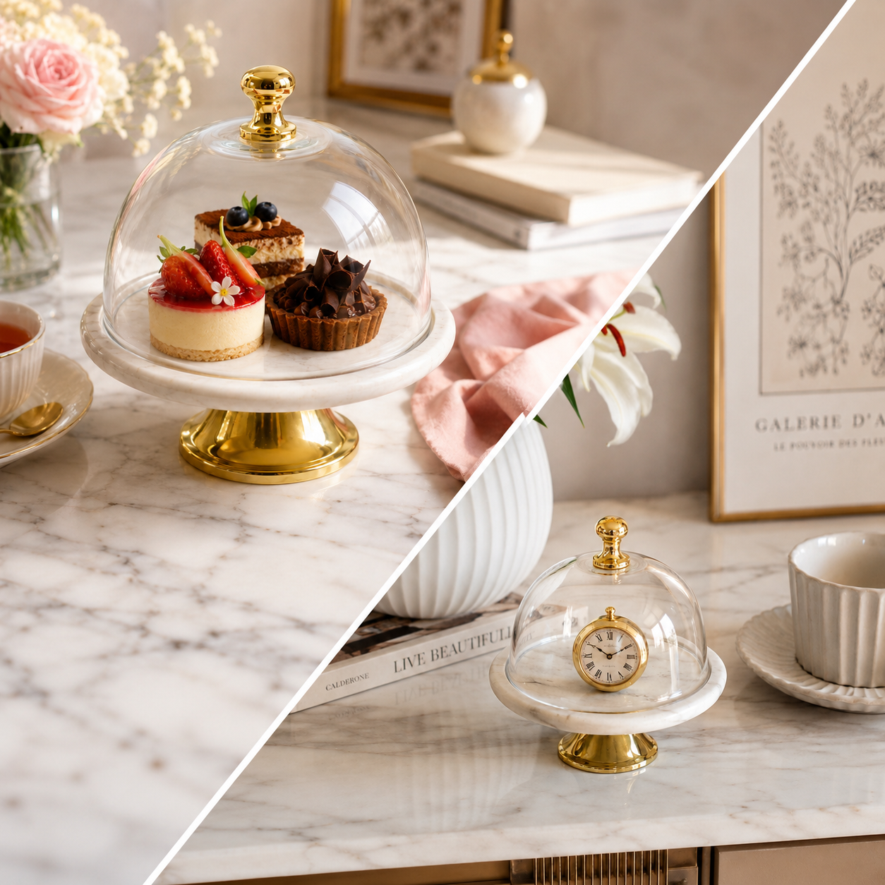 Petite Marble Cloche Cake Stand with Glass Dome & Gold Pedestal - AllureAbode Décor 
