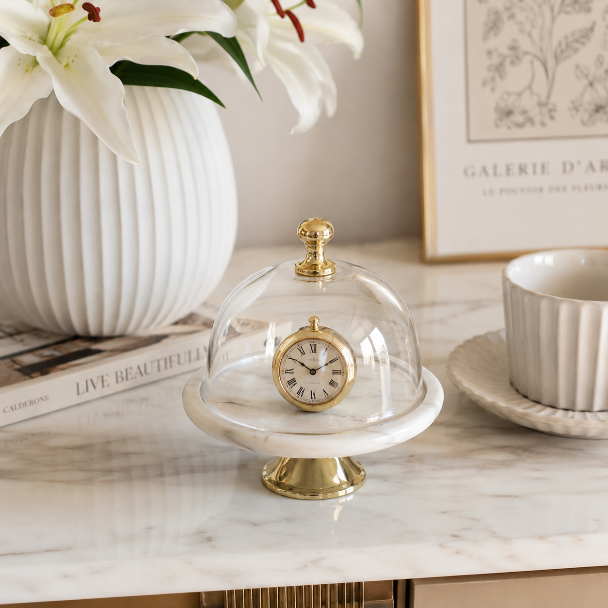 Petite Marble Cloche Cake Stand with Glass Dome & Gold Pedestal - AllureAbode Décor 