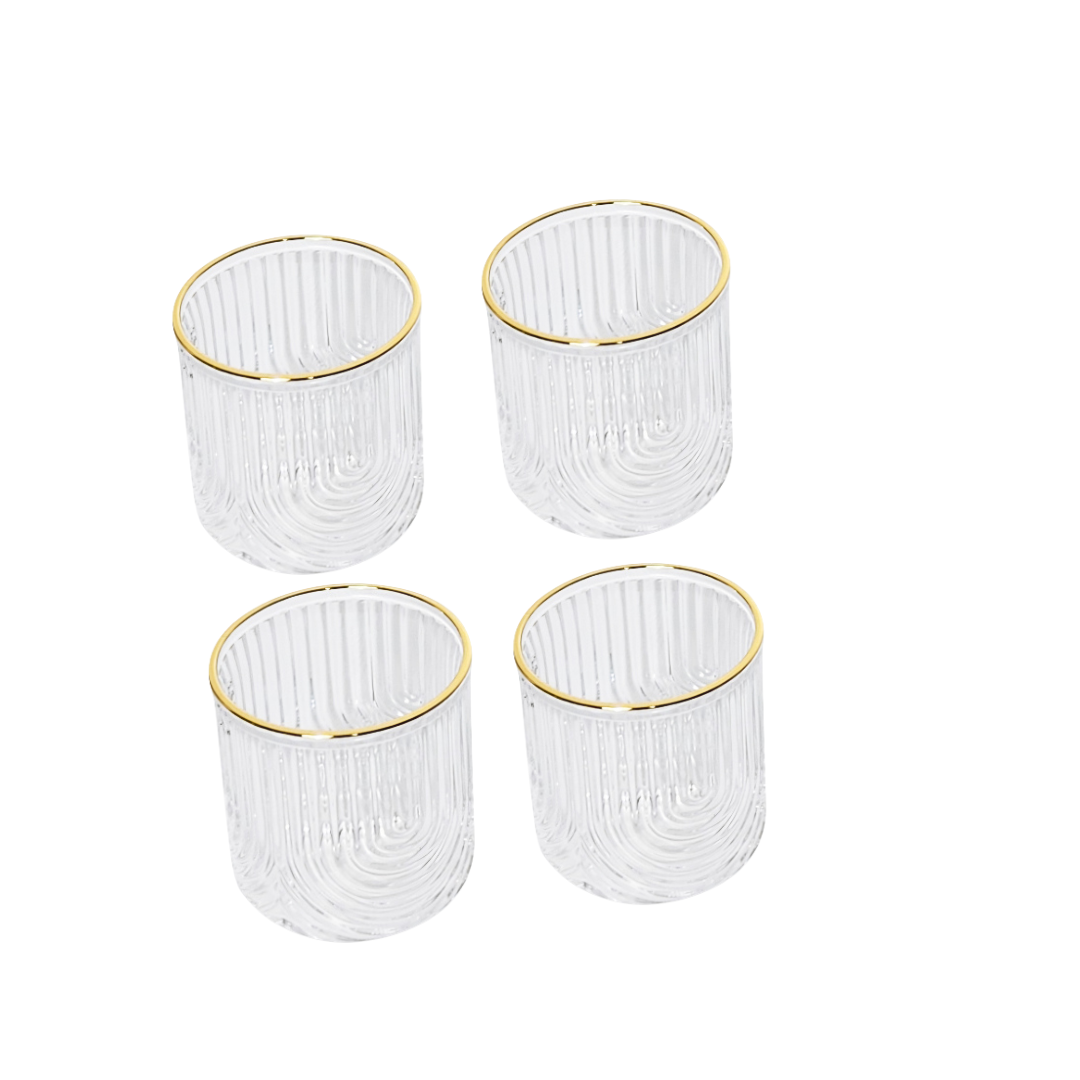 Premium Glass Ribbed Tumblers | 13oz Cocktail Glassware with Gold Accents Premium Set of 4 - AllureAbode Décor 