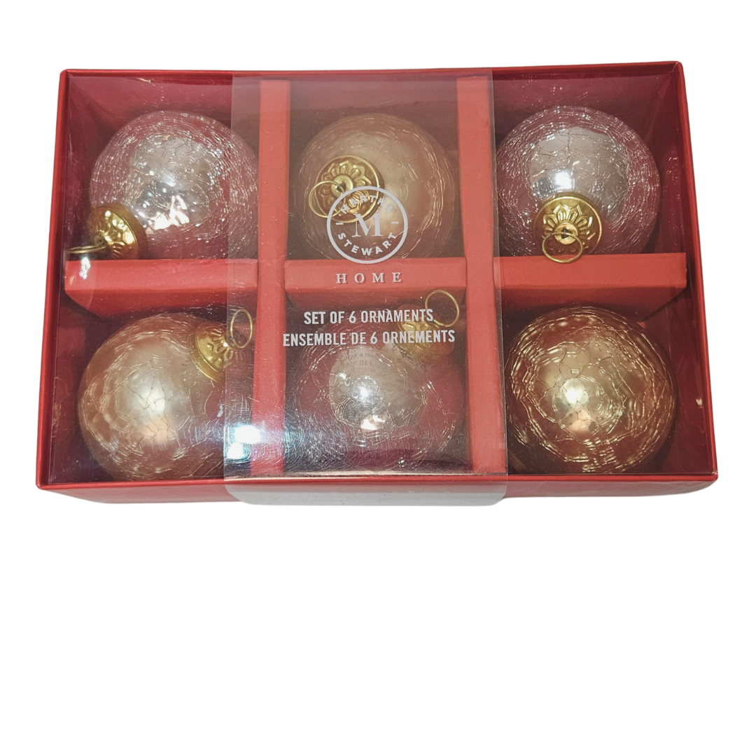 Martha Stewart Christmas Ornaments – Chrome Pink, Peach, and Silver Tone Heavy Crinkle Glass Bulbs with Antique Gold Holders (Set of 6) - AllureAbode Décor 
