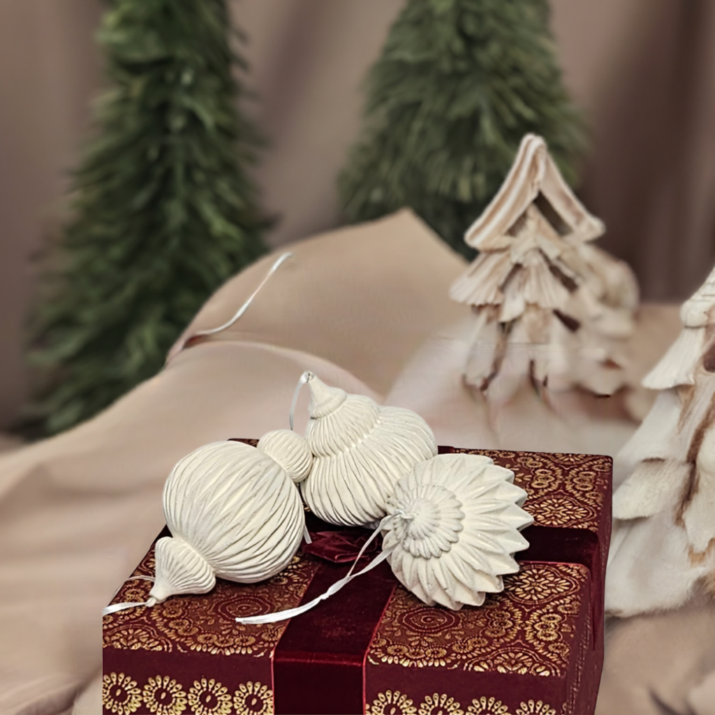 Christian Siriano Pleated Bell Christmas Ornaments – Set of 3 Velvet Overlay & Chalk Ceramic Holiday Decor - AllureAbode Décor 