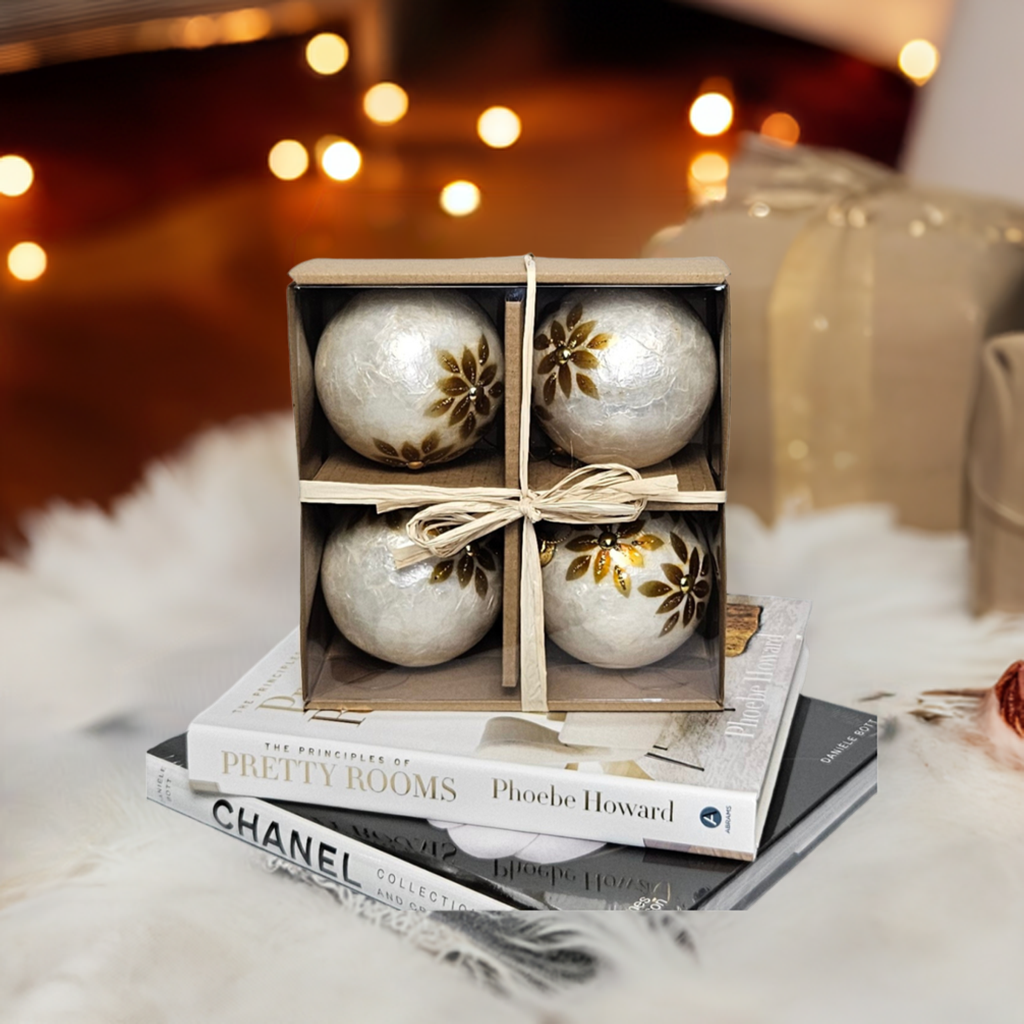 Elegant Christmas Ornaments Set of 4 – Ivory Pearl with Bronze Daisy Design Festive Holiday Decorations - AllureAbode Décor 
